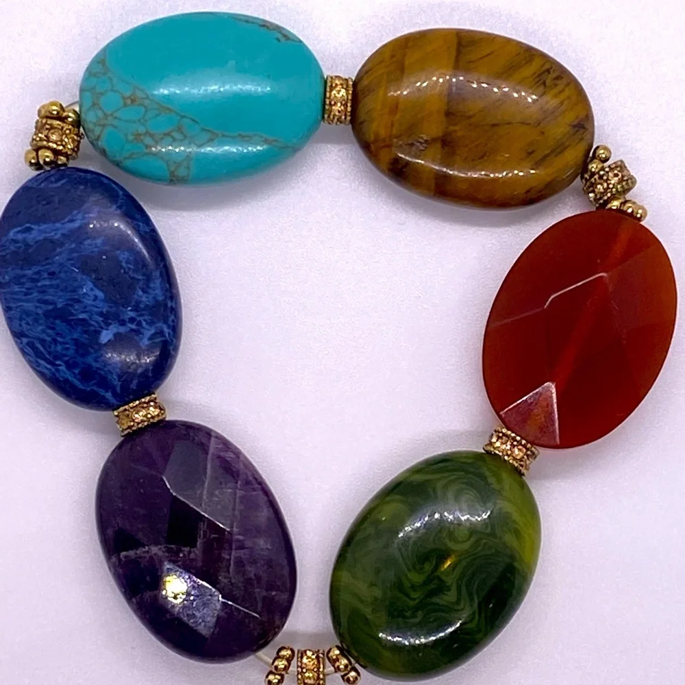 Chunky Stretch Bracelet Faux Marble Stone Gold Toned Purple BlueTurquoise Green